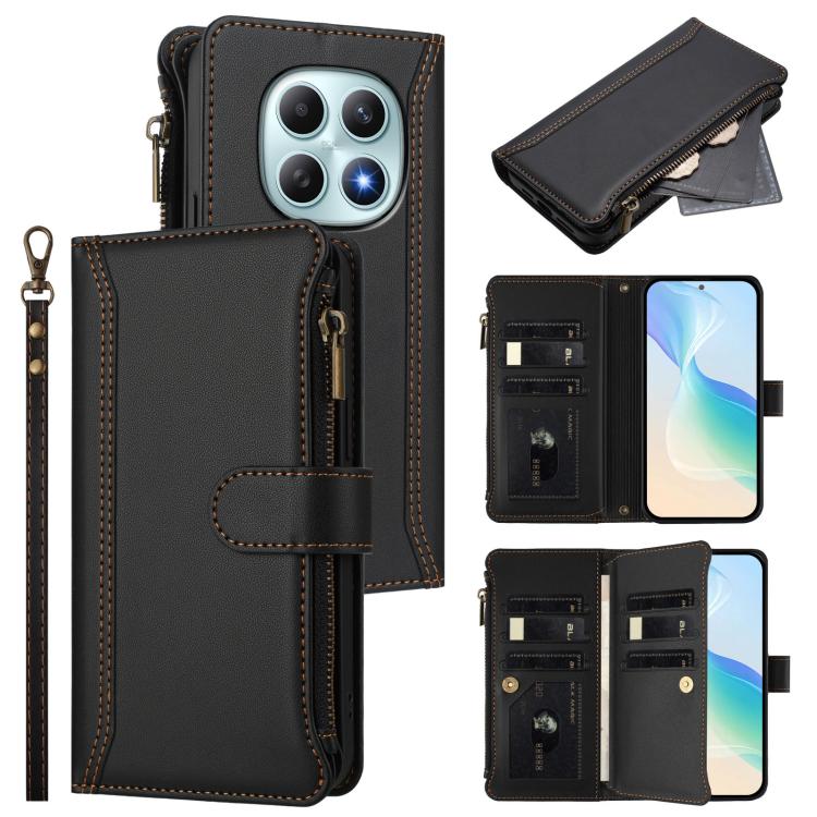 

For Redmi Note 15 5G Global 164mm Magnetic Closure 9 Card Slots Zipper Leather Case with Hand Strap(Black)