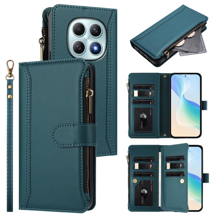 

For Redmi Note 15 5G Global 164mm Magnetic Closure 9 Card Slots Zipper Leather Case with Hand Strap(Dark Green)