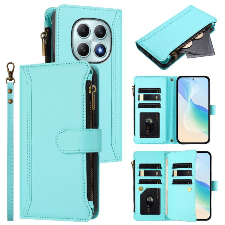 

For Redmi Note 15 4G / 5G Global 164mm Magnetic Closure 9 Card Slots Zipper Leather Case with Hand Strap(Mint Green)