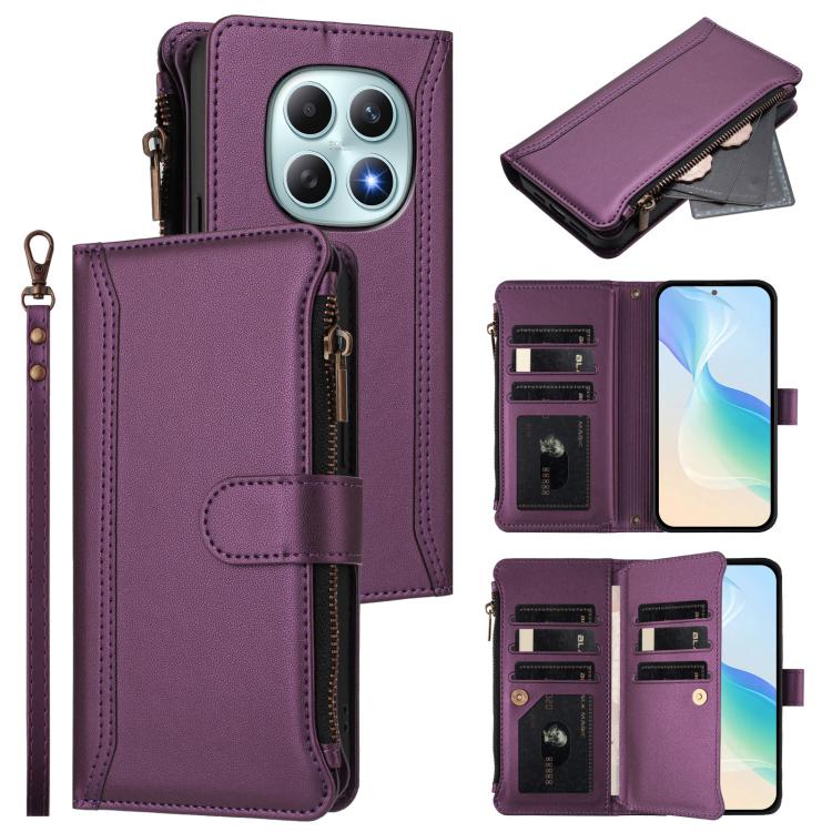 

For Redmi Note 15 5G Global 164mm Magnetic Closure 9 Card Slots Zipper Leather Case with Hand Strap(Purple)