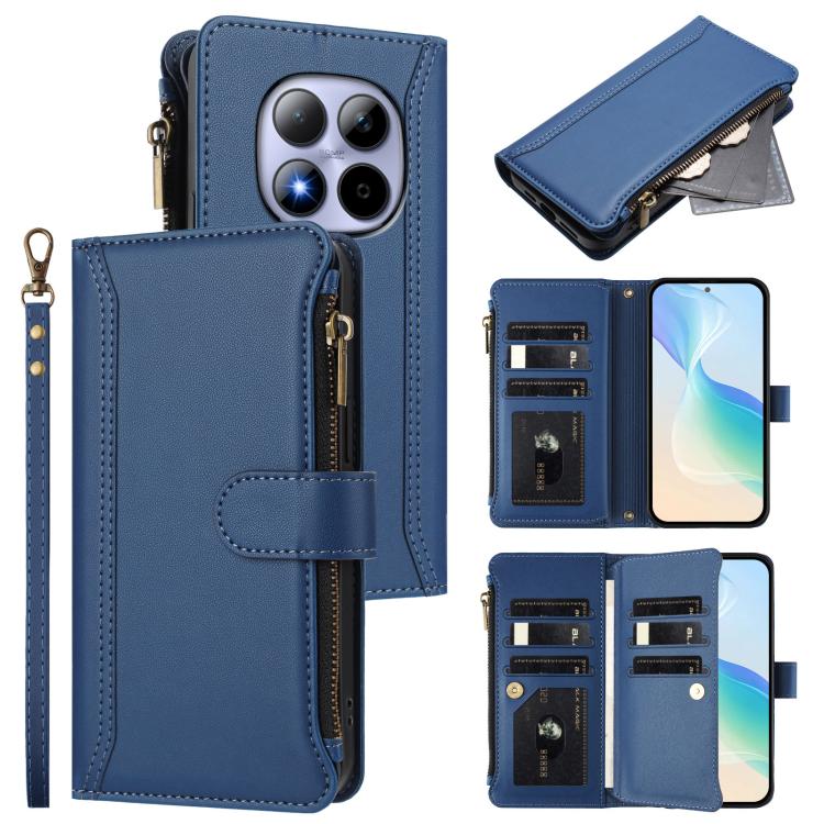 

For Redmi Note 15 Pro 5G Global 163.6mm Magnetic Closure 9 Card Slots Zipper Leather Case with Hand Strap(Dark Blue)