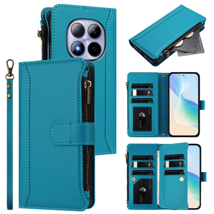 

For Redmi Note 15 Pro 5G Global 163.6mm Magnetic Closure 9 Card Slots Zipper Leather Case with Hand Strap(Turquoise)