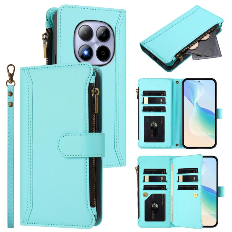 

For Redmi Note 15 Pro 5G Global 163.6mm Magnetic Closure 9 Card Slots Zipper Leather Case with Hand Strap(Mint Green)