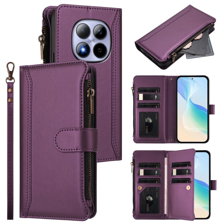 

For Redmi Note 15 Pro 5G Global 163.6mm Magnetic Closure 9 Card Slots Zipper Leather Case with Hand Strap(Purple)