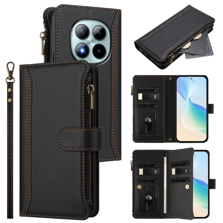 For Redmi Note 15 Pro+ 5G Global 163.3mm Magnetic Closure 9 Card Slots Zipper Leather Case with Hand Strap(Black)