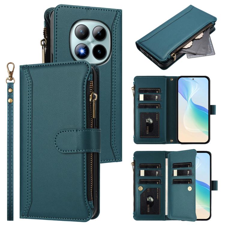 

For Redmi Note 15 Pro+ 5G Global 163.3mm Magnetic Closure 9 Card Slots Zipper Leather Case with Hand Strap(Dark Green)
