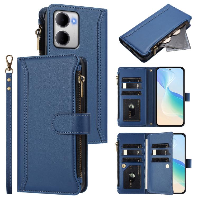 

For Redmi 15a 5G Global Magnetic Closure 9 Card Slots Zipper Leather Case with Hand Strap(Dark Blue)