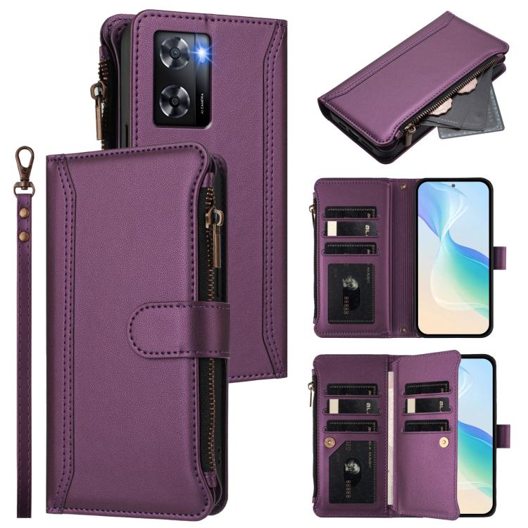 

For OPPO A57 4G Global / A77 4G Global Magnetic Closure 9 Card Slots Zipper Leather Case with Hand Strap(Purple)