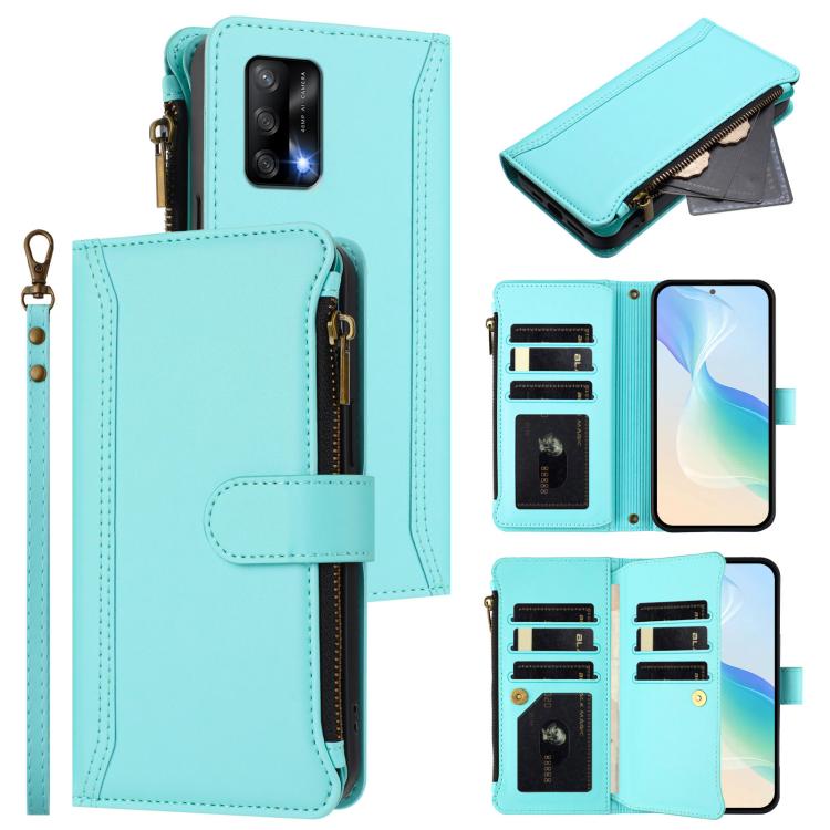 For OPPO A74 4G / F19 / F19S / A95 Magnetic Closure 9 Card Slots Zipper Leather Case with Hand Strap(Mint Green)