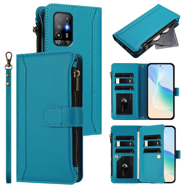 

For OPPO A94 5G Global / Reno5 Z Magnetic Closure 9 Card Slots Zipper Leather Case with Hand Strap(Turquoise)