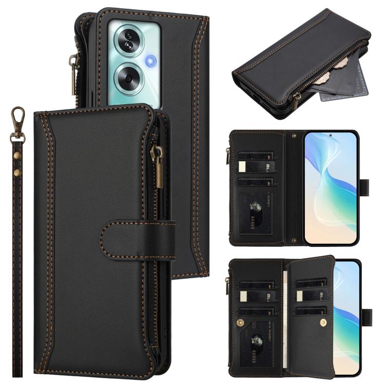 

For OPPO A79 5G Global Magnetic Closure 9 Card Slots Zipper Leather Case with Hand Strap(Black)