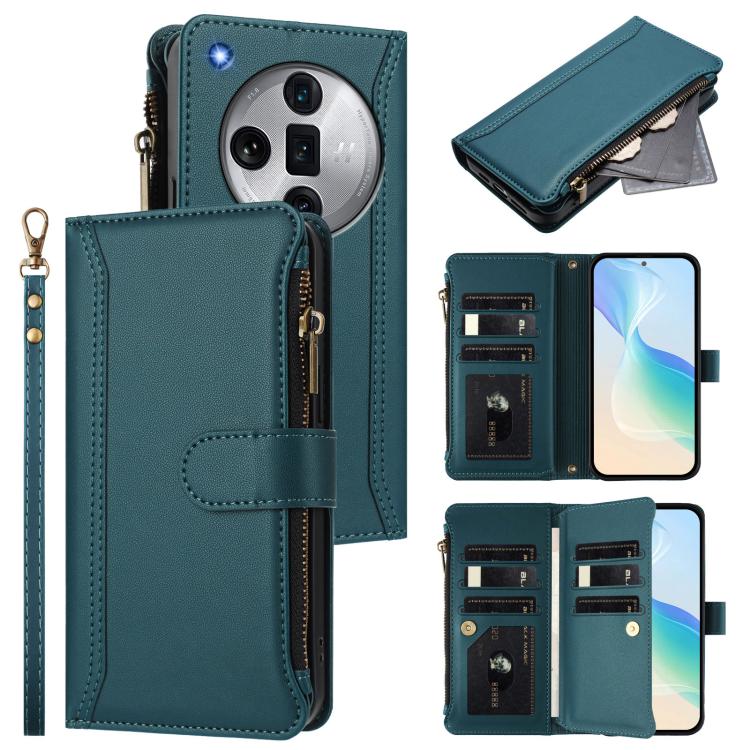 

For OPPO Find X7 Ultra Magnetic Closure 9 Card Slots Zipper Leather Case with Hand Strap(Dark Green)