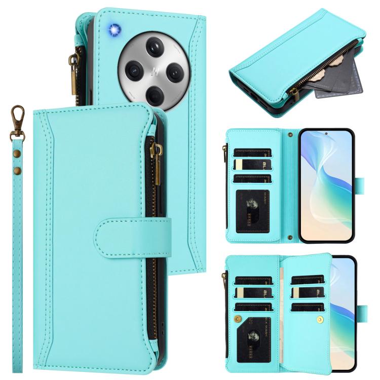 

For OPPO Find X8 5G Global Magnetic Closure 9 Card Slots Zipper Leather Case with Hand Strap(Mint Green)
