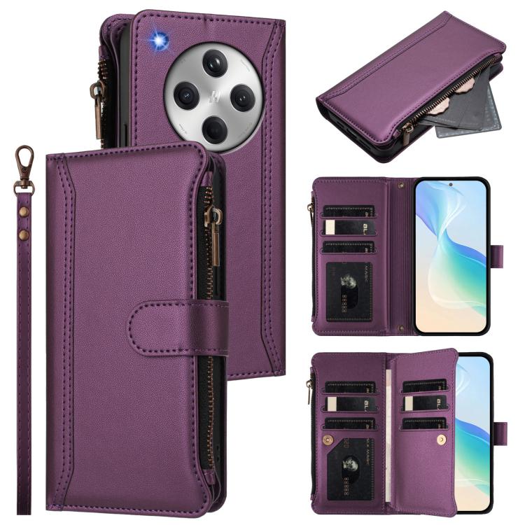 

For OPPO Find X8 5G Global Magnetic Closure 9 Card Slots Zipper Leather Case with Hand Strap(Purple)