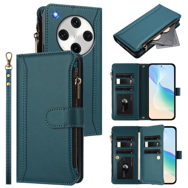 

For OPPO Find X8 Pro 5G Global Magnetic Closure 9 Card Slots Zipper Leather Case with Hand Strap(Dark Green)