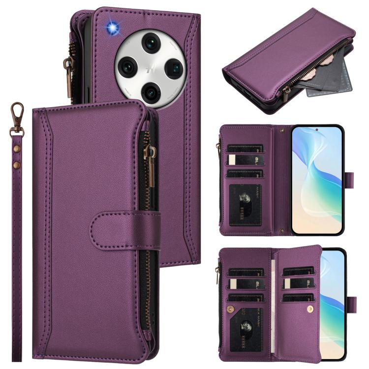 

For OPPO Find X8 Pro 5G Global Magnetic Closure 9 Card Slots Zipper Leather Case with Hand Strap(Purple)