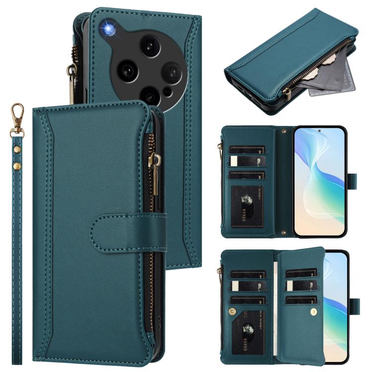 

For OPPO Find X8 Ultra 5G Magnetic Closure 9 Card Slots Zipper Leather Case with Hand Strap(Dark Green)