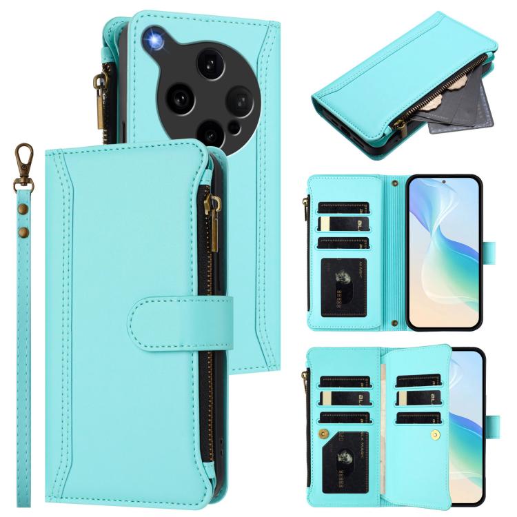 

For OPPO Find X8 Ultra 5G Magnetic Closure 9 Card Slots Zipper Leather Case with Hand Strap(Mint Green)