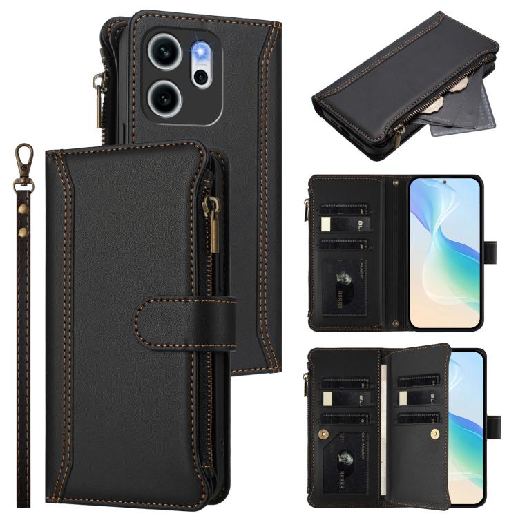 

For OPPO Reno14 F 5G Magnetic Closure 9 Card Slots Zipper Leather Case with Hand Strap(Black)
