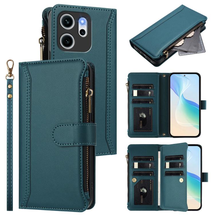 

For OPPO Reno14 F 5G Magnetic Closure 9 Card Slots Zipper Leather Case with Hand Strap(Dark Green)