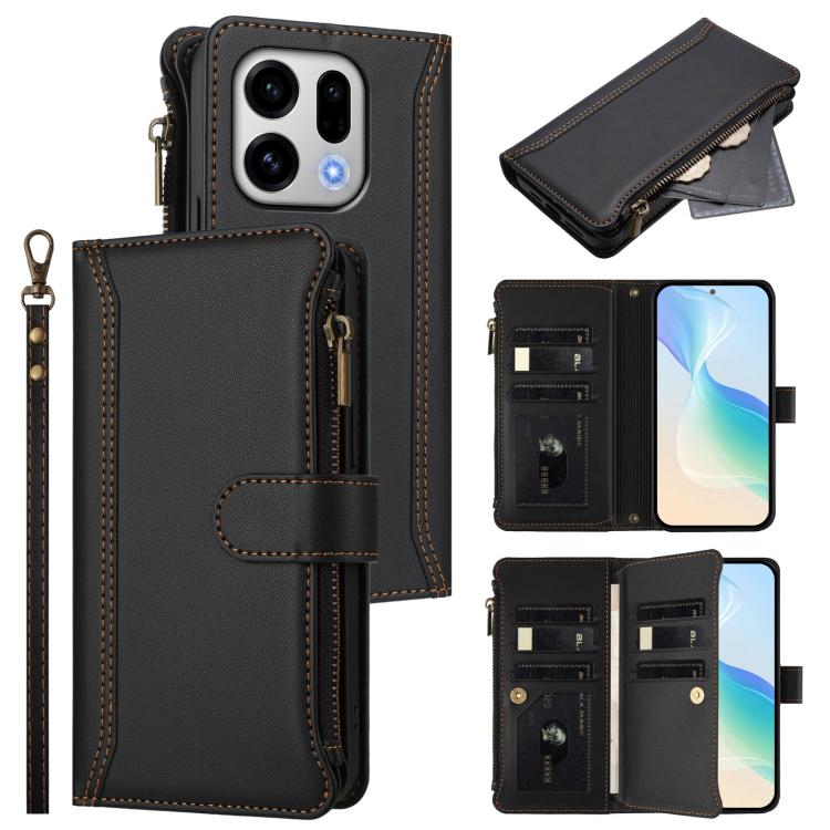 

For OPPO Find X9 Magnetic Closure 9 Card Slots Zipper Leather Case with Hand Strap(Black)