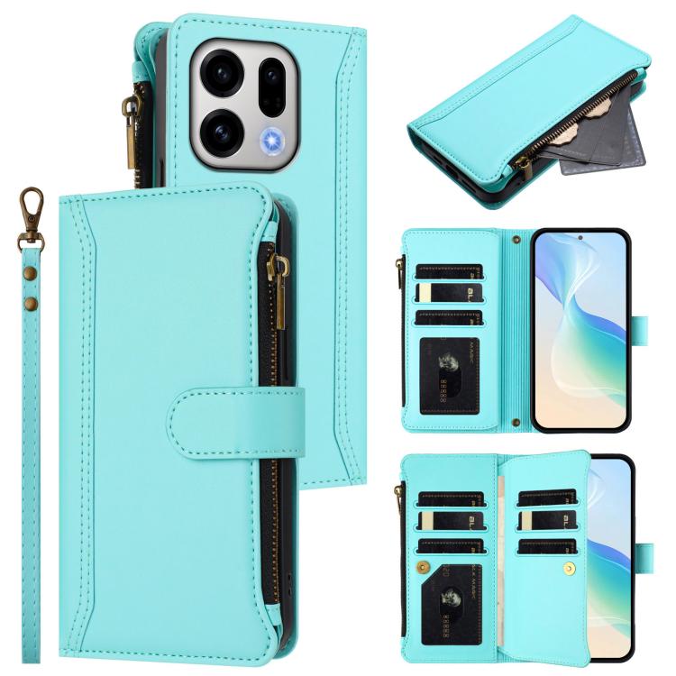 

For OPPO Find X9 Magnetic Closure 9 Card Slots Zipper Leather Case with Hand Strap(Mint Green)