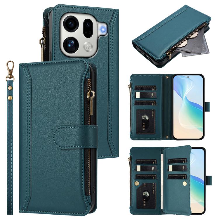 

For OPPO Find X9 Pro Magnetic Closure 9 Card Slots Zipper Leather Case with Hand Strap(Dark Green)