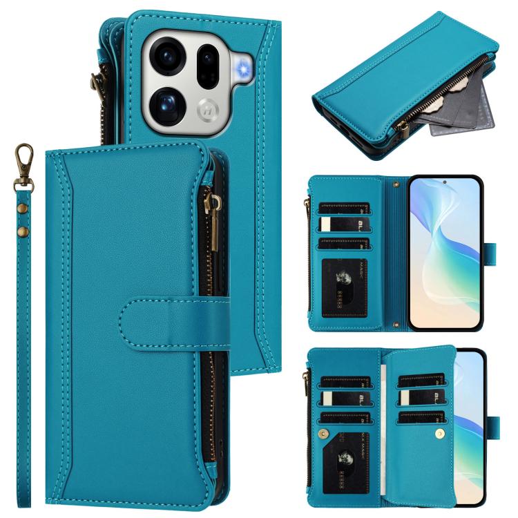 

For OPPO Find X9 Pro Magnetic Closure 9 Card Slots Zipper Leather Case with Hand Strap(Turquoise)