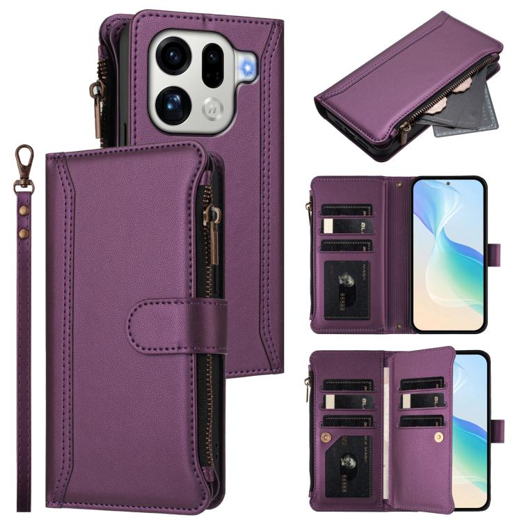 

For OPPO Find X9 Pro Magnetic Closure 9 Card Slots Zipper Leather Case with Hand Strap(Purple)