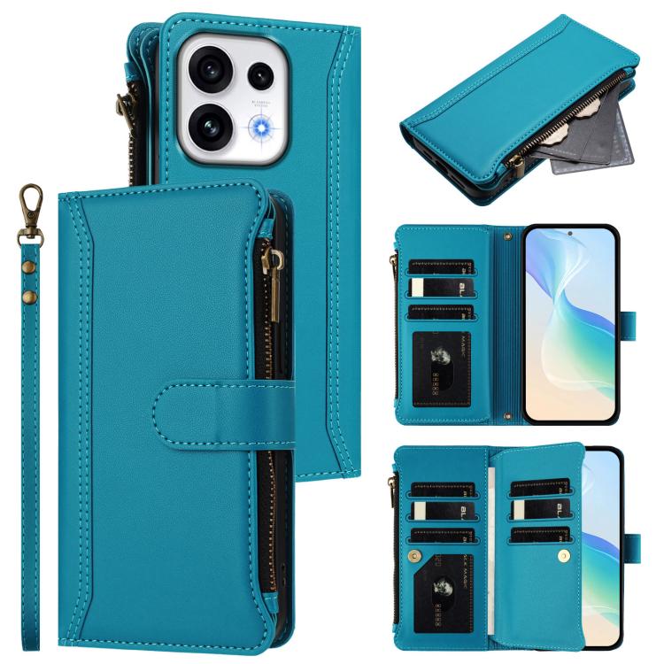 For OPPO Reno16/Reno16 Pro 5G Global Magnetic Closure 9 Card Slots Zipper Leather Case with Hand Strap(Turquoise)