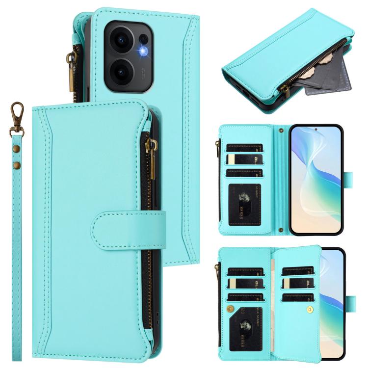 

For OPPO Reno13 F 5G Global Magnetic Closure 9 Card Slots Zipper Leather Case with Hand Strap(Mint Green)