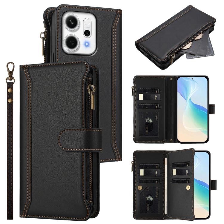 

For OPPO Reno14 Pro 5G Global Magnetic Closure 9 Card Slots Zipper Leather Case with Hand Strap(Black)