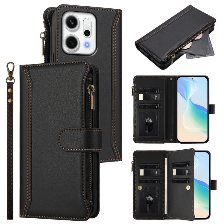 

For OPPO Reno14 5G Global Magnetic Closure 9 Card Slots Zipper Leather Case with Hand Strap(Black)