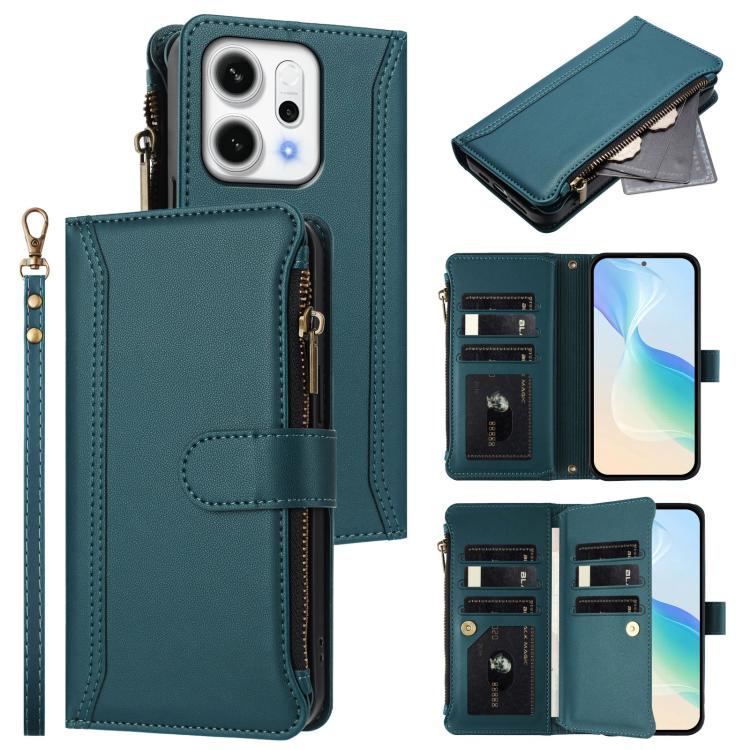 

For OPPO Reno14 5G Global Magnetic Closure 9 Card Slots Zipper Leather Case with Hand Strap(Dark Green)