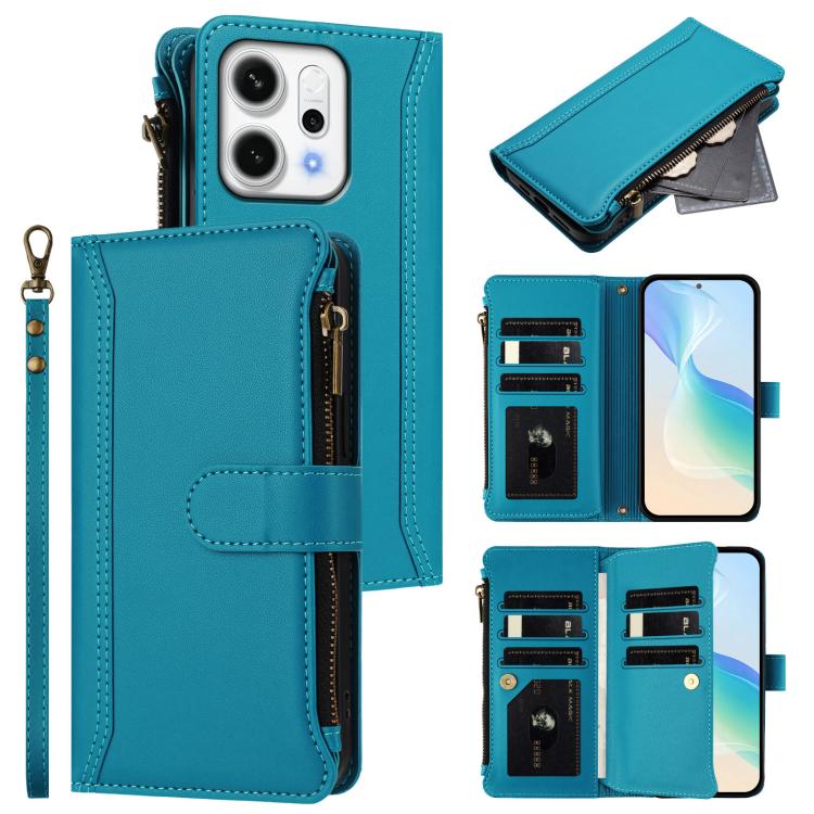 

For OPPO Reno14 5G Global Magnetic Closure 9 Card Slots Zipper Leather Case with Hand Strap(Turquoise)