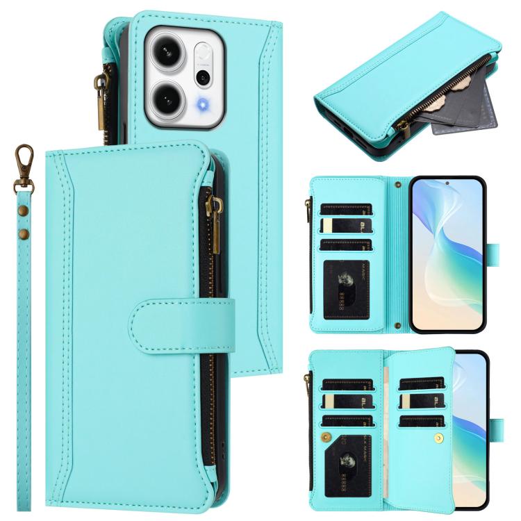 

For OPPO Reno14 5G Global Magnetic Closure 9 Card Slots Zipper Leather Case with Hand Strap(Mint Green)