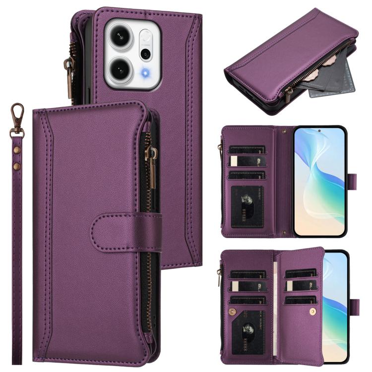 

For OPPO Reno14 5G Global Magnetic Closure 9 Card Slots Zipper Leather Case with Hand Strap(Purple)