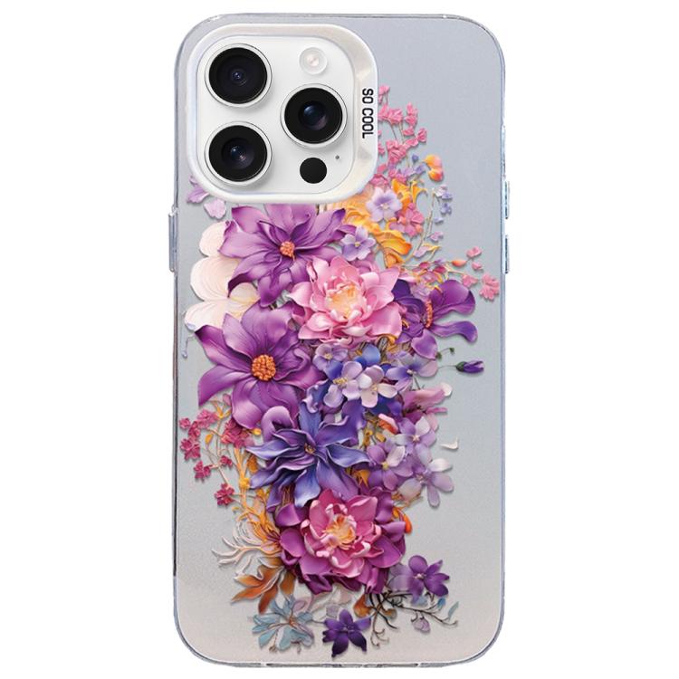 

For iPhone 15 Pro Flower Series Color Silver TPU Hybrid PC Phone Case(Purple Flowers CW116)