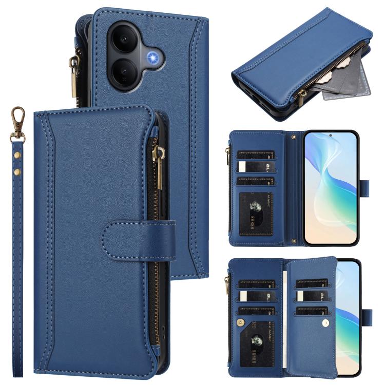 

For vivo V60 Lite 5G Global Magnetic Closure 9 Card Slots Zipper Leather Case with Hand Strap(Dark Blue)