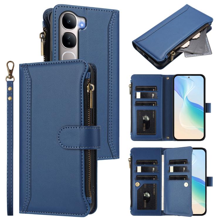 

For vivo Y31 5G Global Magnetic Closure 9 Card Slots Zipper Leather Case with Hand Strap(Dark Blue)