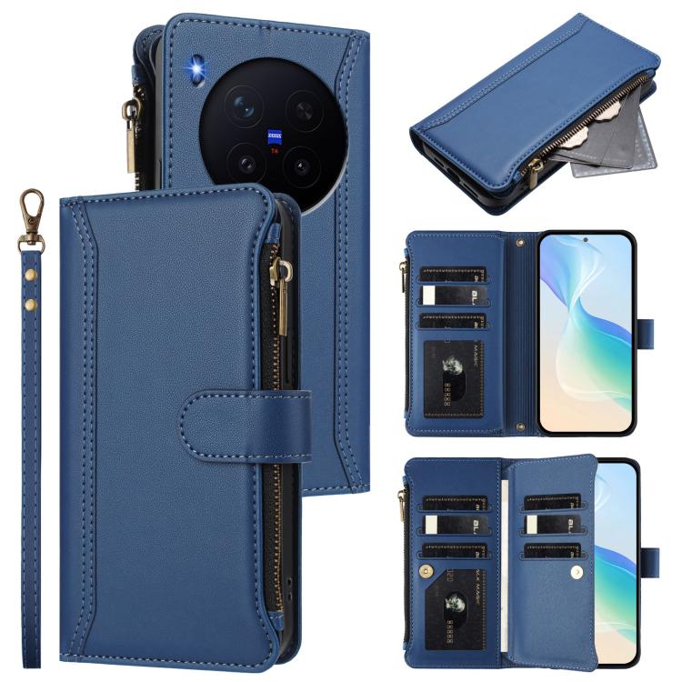 

For vivo X300 Magnetic Closure 9 Card Slots Zipper Leather Case with Hand Strap(Dark Blue)