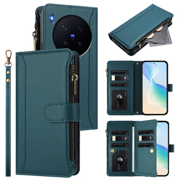 

For vivo X300 Magnetic Closure 9 Card Slots Zipper Leather Case with Hand Strap(Dark Green)