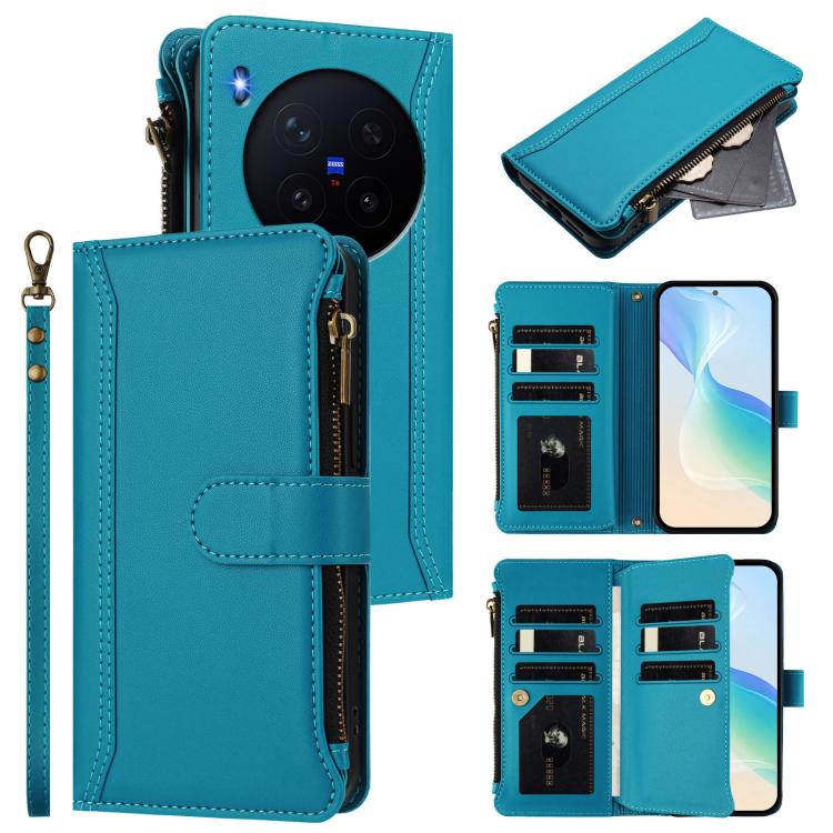 

For vivo X300 Pro Magnetic Closure 9 Card Slots Zipper Leather Case with Hand Strap(Turquoise)