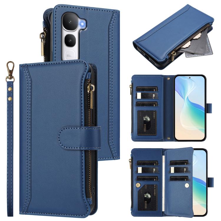 

For vivo Y400 5G Global Magnetic Closure 9 Card Slots Zipper Leather Case with Hand Strap(Dark Blue)