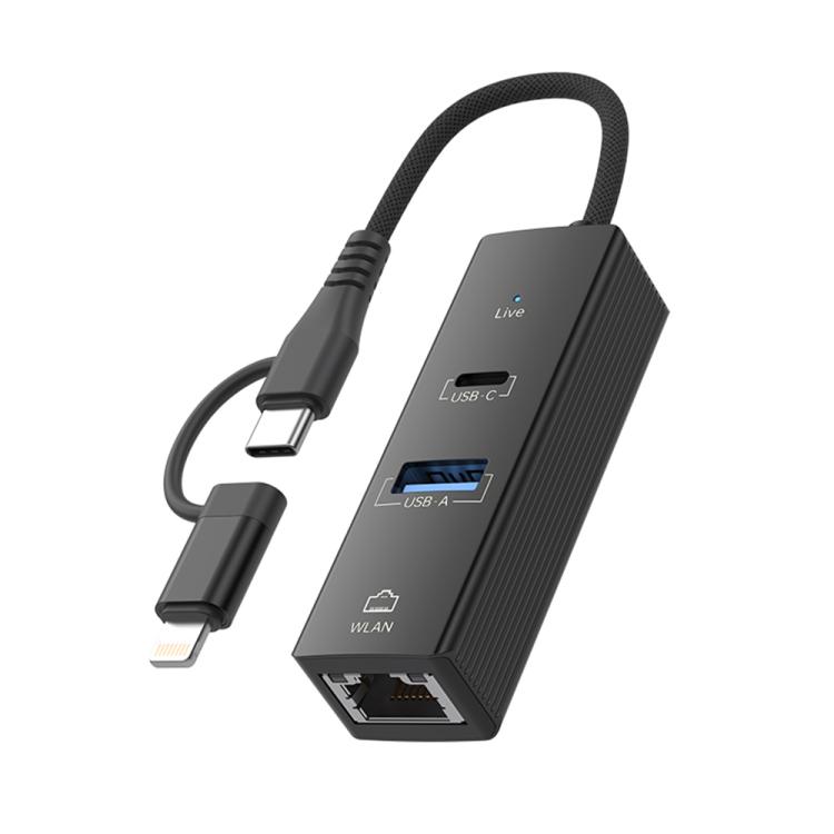 

Type-C / 8 Pin to Type-C RJ45 USB-A HUB Expand Converter(Black)