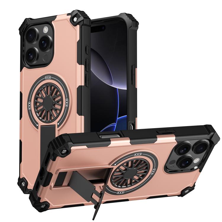 

For iPhone 16 Pro Max Shockproof Kickstand Metallic Shaft MagSafe Phone Case(Rose Gold)