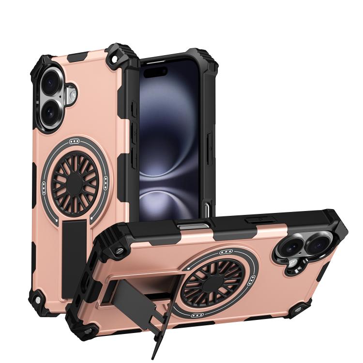 

For iPhone 16 Plus Shockproof Kickstand Metallic Shaft MagSafe Phone Case(Rose Gold)