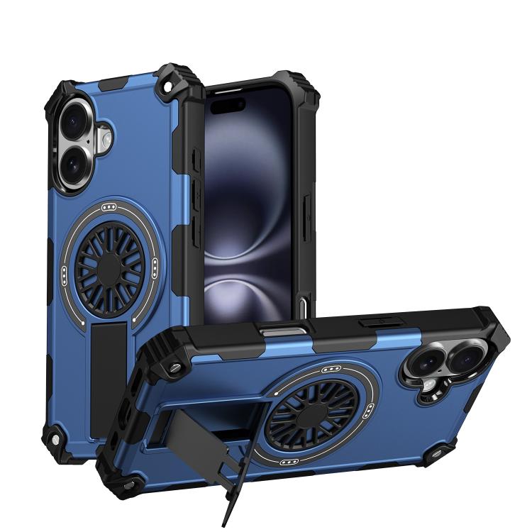 

For iPhone 16 Shockproof Kickstand Metallic Shaft MagSafe Phone Case(Blue)