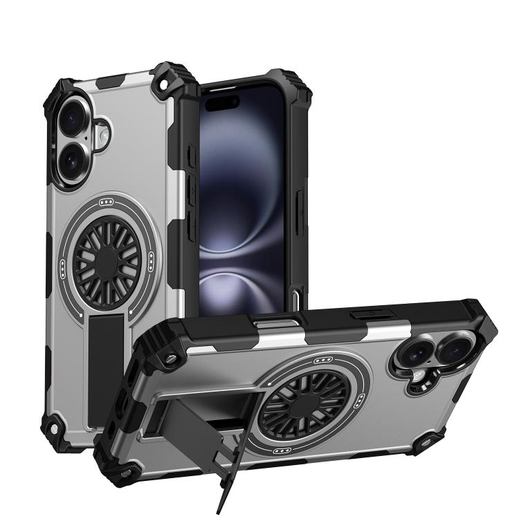 

For iPhone 16 Shockproof Kickstand Metallic Shaft MagSafe Phone Case(Silver)