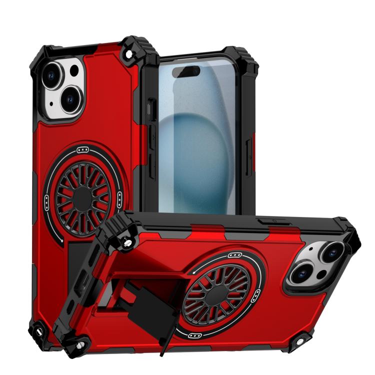 

For iPhone 15 Shockproof Kickstand Metallic Shaft MagSafe Phone Case(Red)